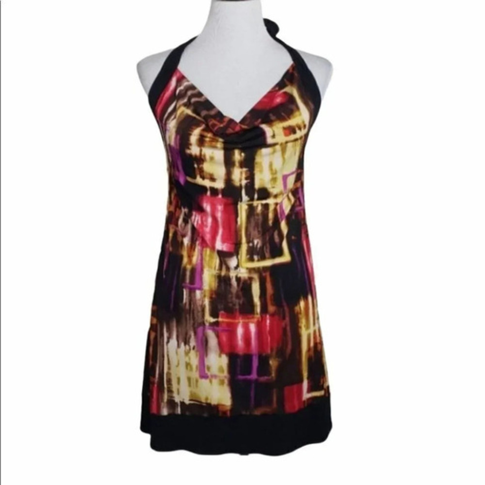 Vintage IZ Buyer Abstract Print Halter Mini Dress Sleeveless Party Cocktail Rave